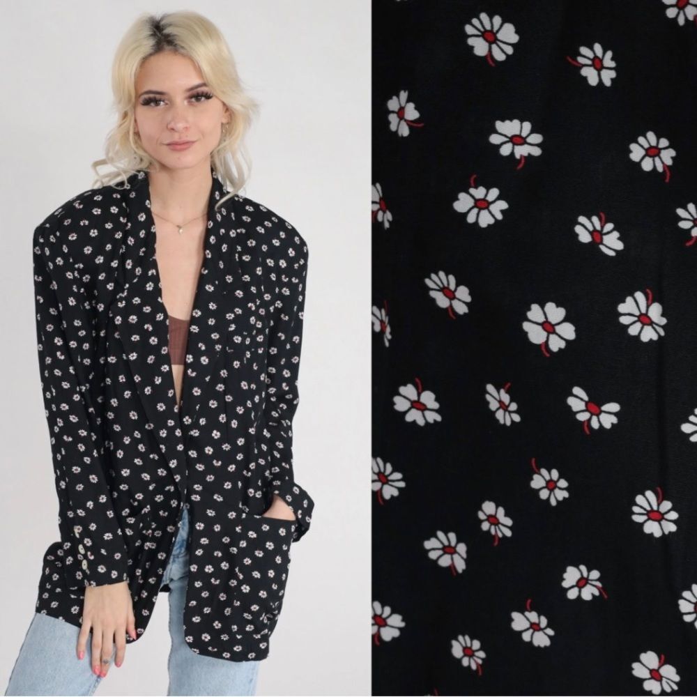 LizSport 90's Blazer Jacket Daisy Floral Print Single Button Closure Size M